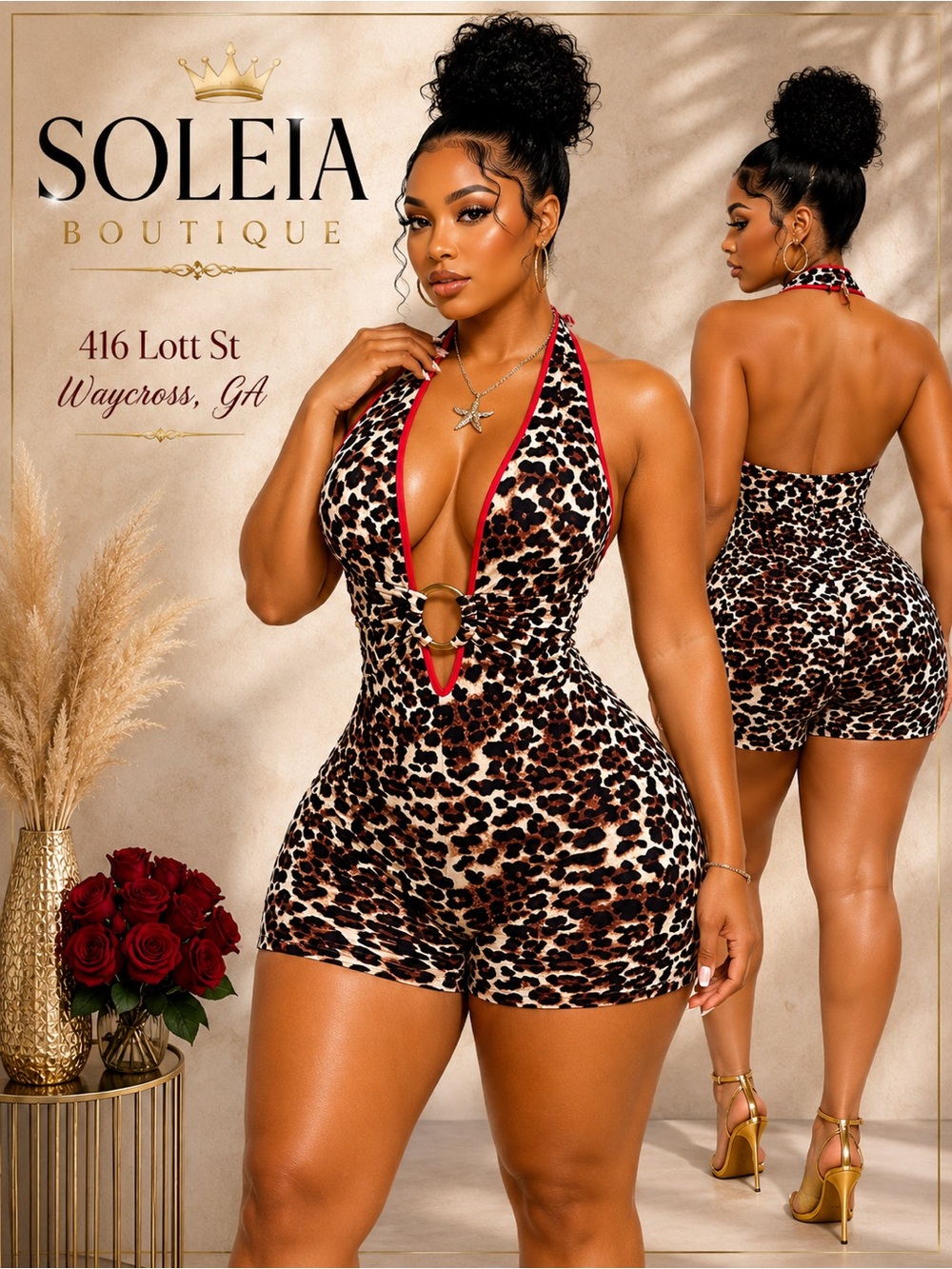 Leopard Print Halter Romper with Red Trim